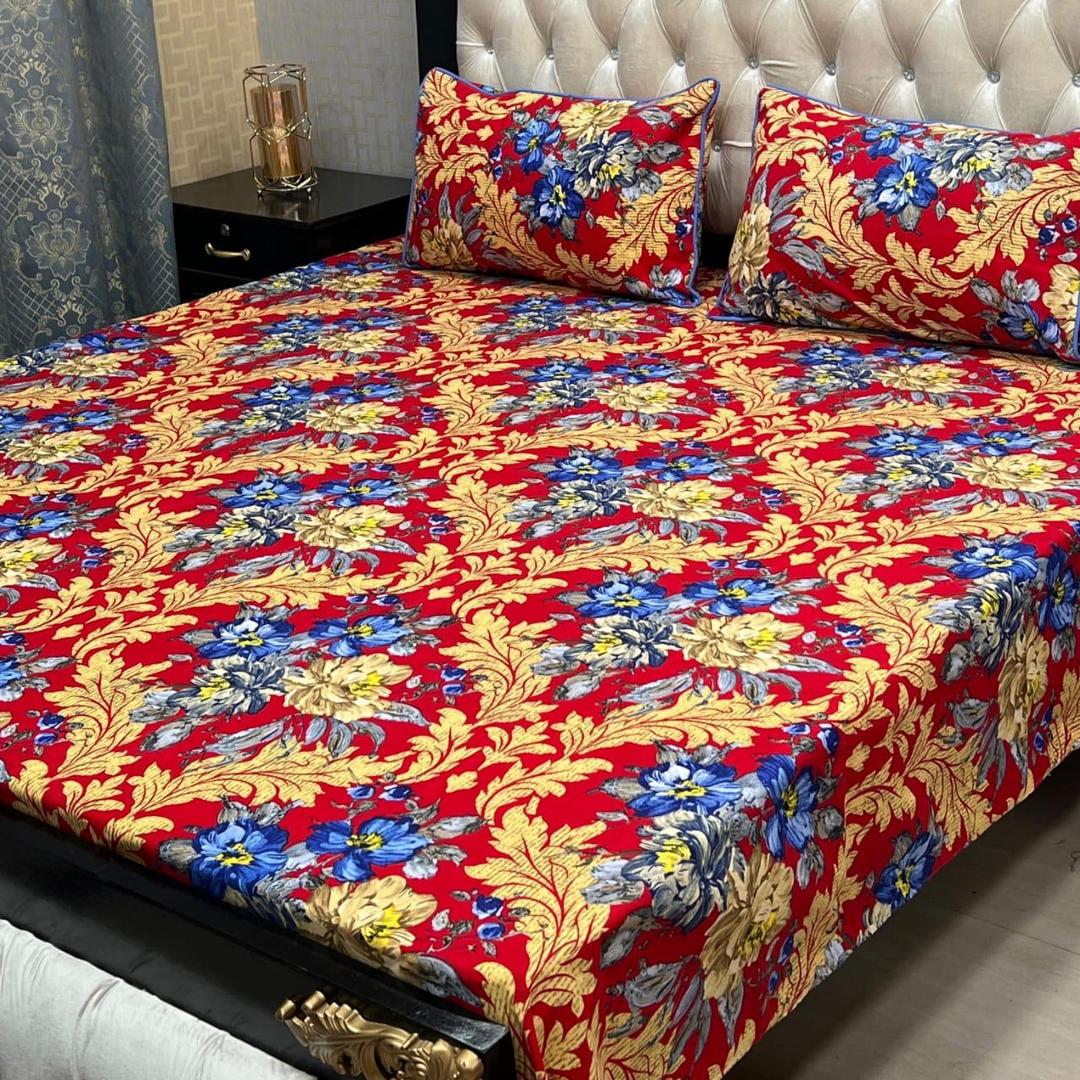 Luxurious Printed Crystal Cotton Double Bedsheet Set - 3 Pcs in Red