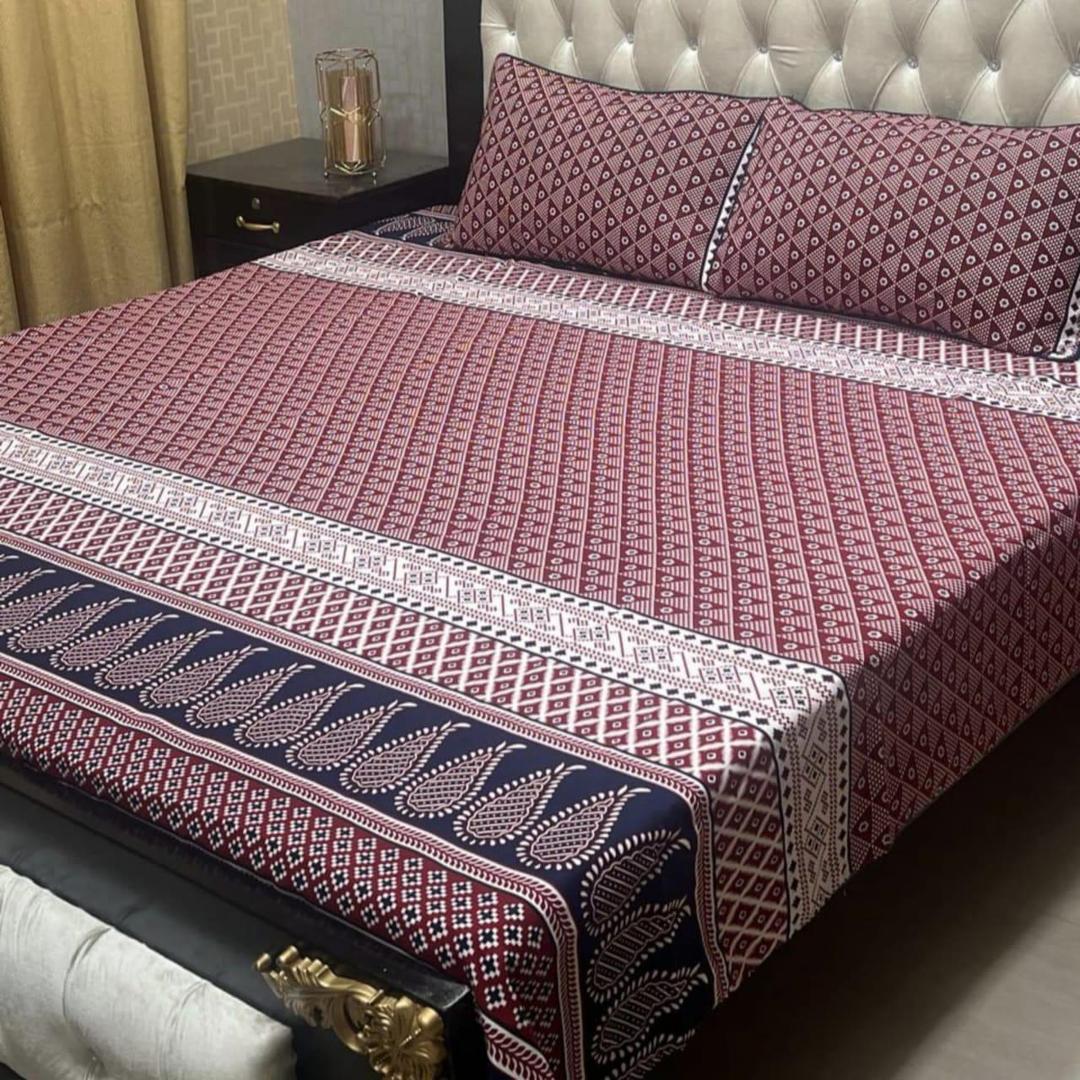 Elegant Maroon Printed Double Bedsheet Set - 3 Pcs of Crystal Cotton Comfort