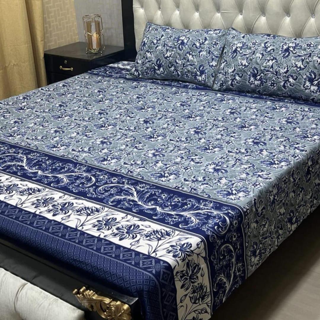 Luxurious Printed Crystal Cotton Double Bedsheet Set - 3 Pcs in Blue