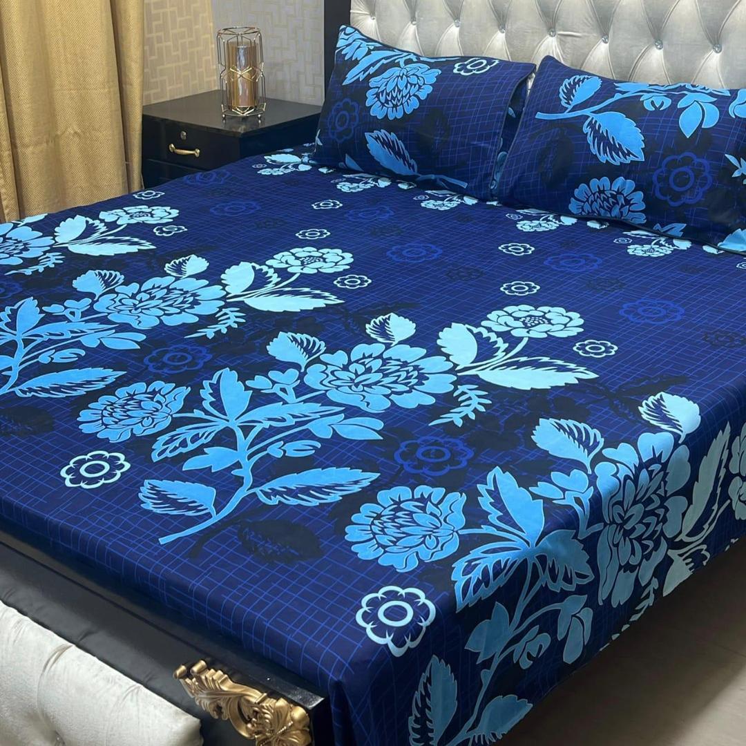 Printed Crystal Cotton Double Bedsheet Set - 3 Pcs in Blue