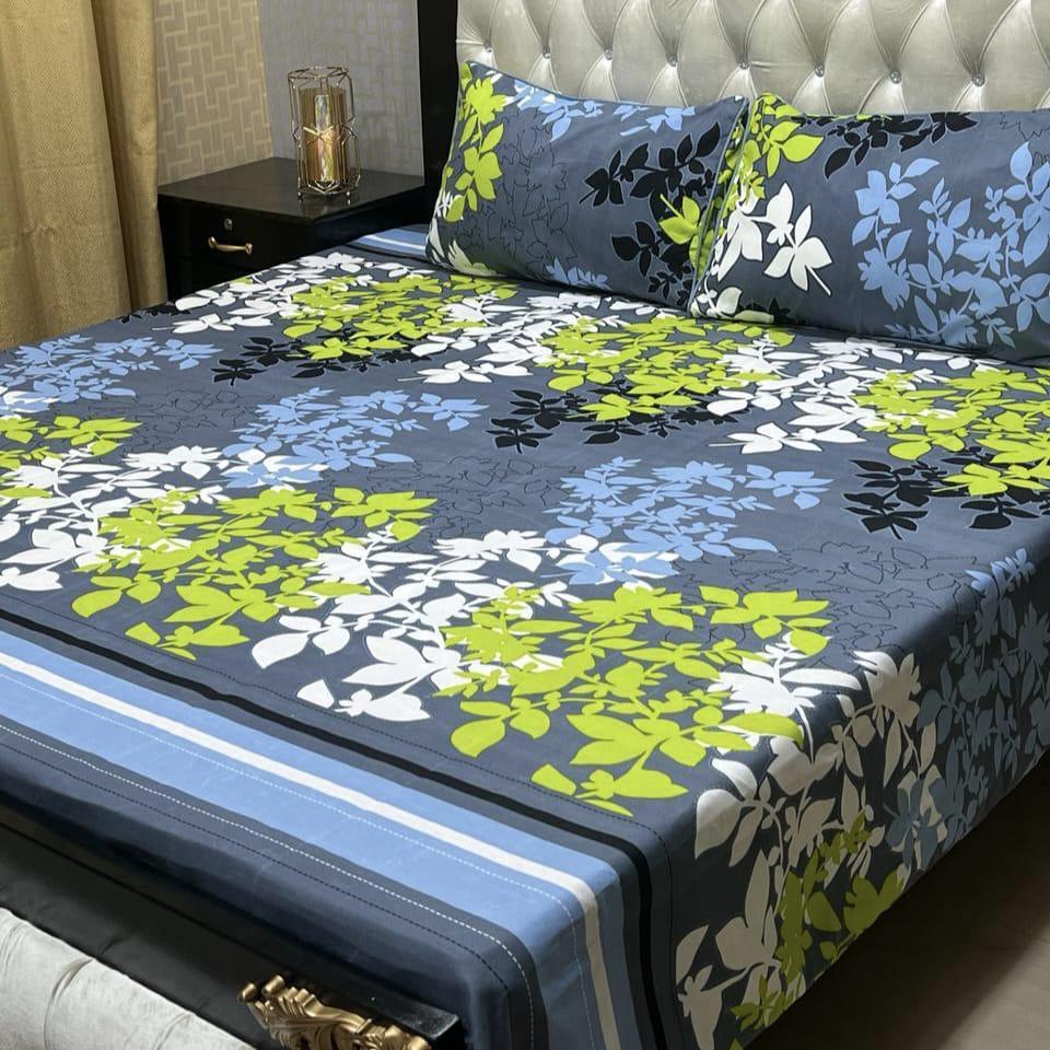 Charming Grey Double Bedsheet Set - 3 Pcs Printed Crystal Cotton