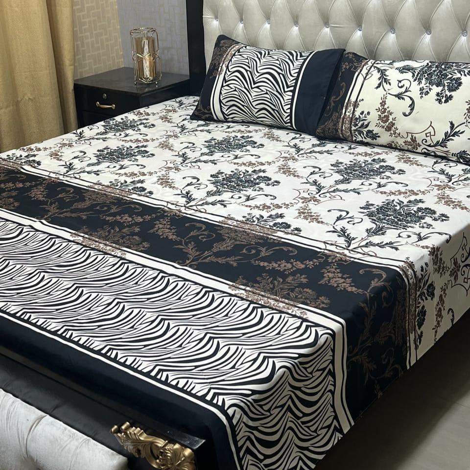 Luxurious Printed Double Bedsheet Set - 3 Pcs Crystal Cotton in Off White