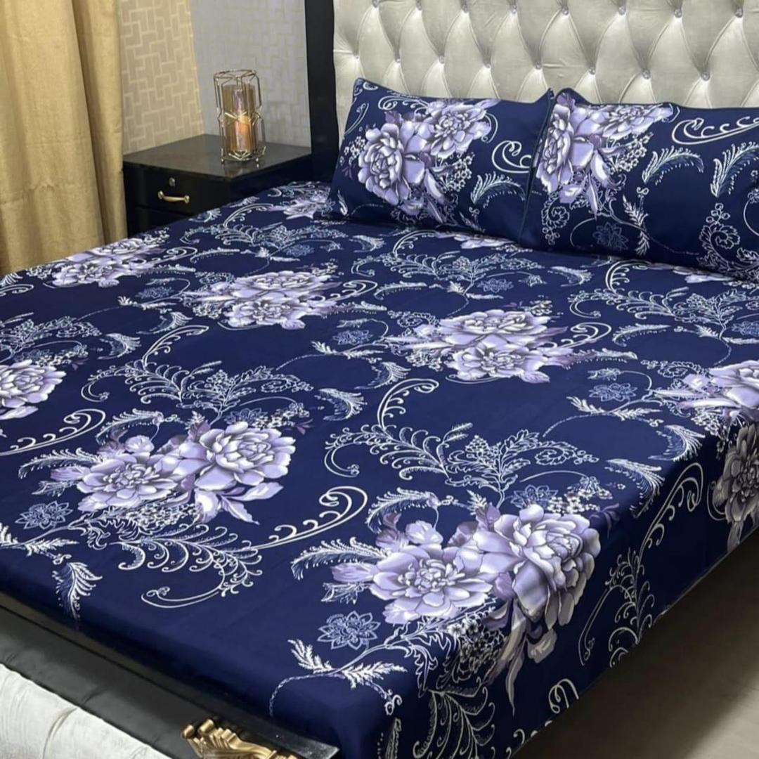 Blue Printed Double Bedsheet Set - 3 Pcs in Crystal Cotton