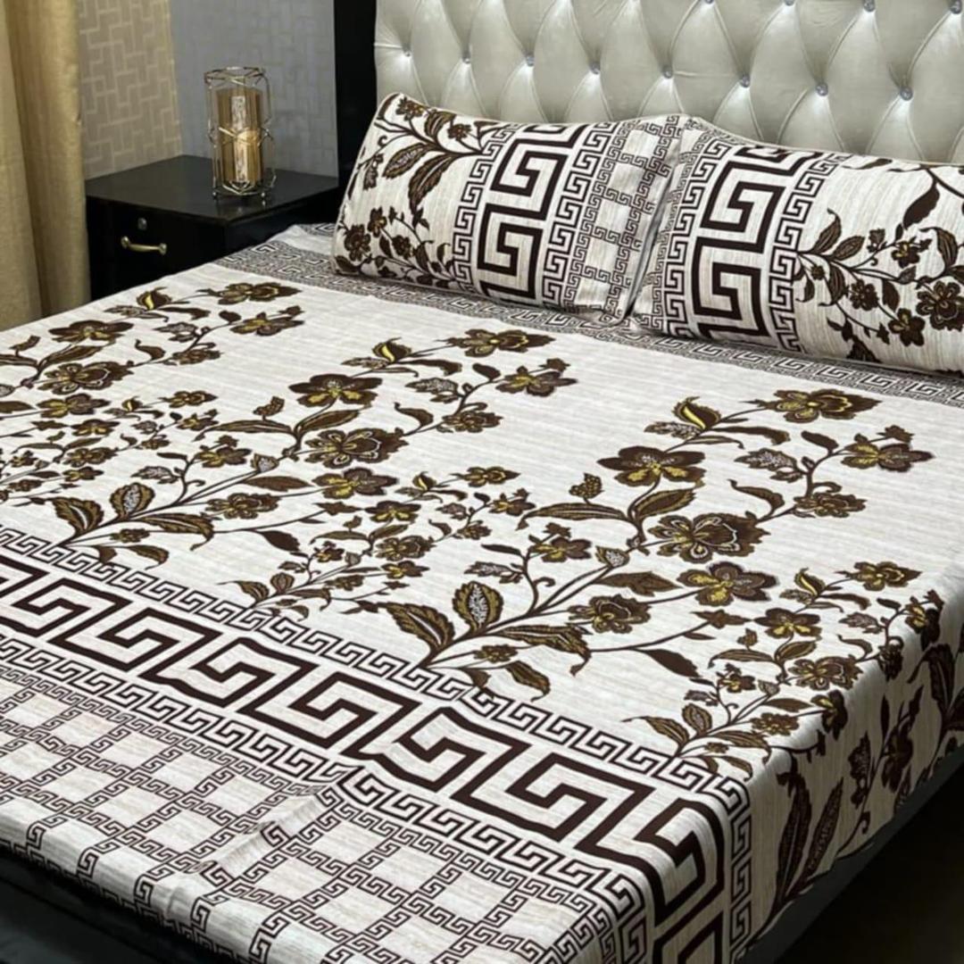 Luxury Double Bedsheet Set - Crystal Cotton Printed - 3 Pcs White Ensemble