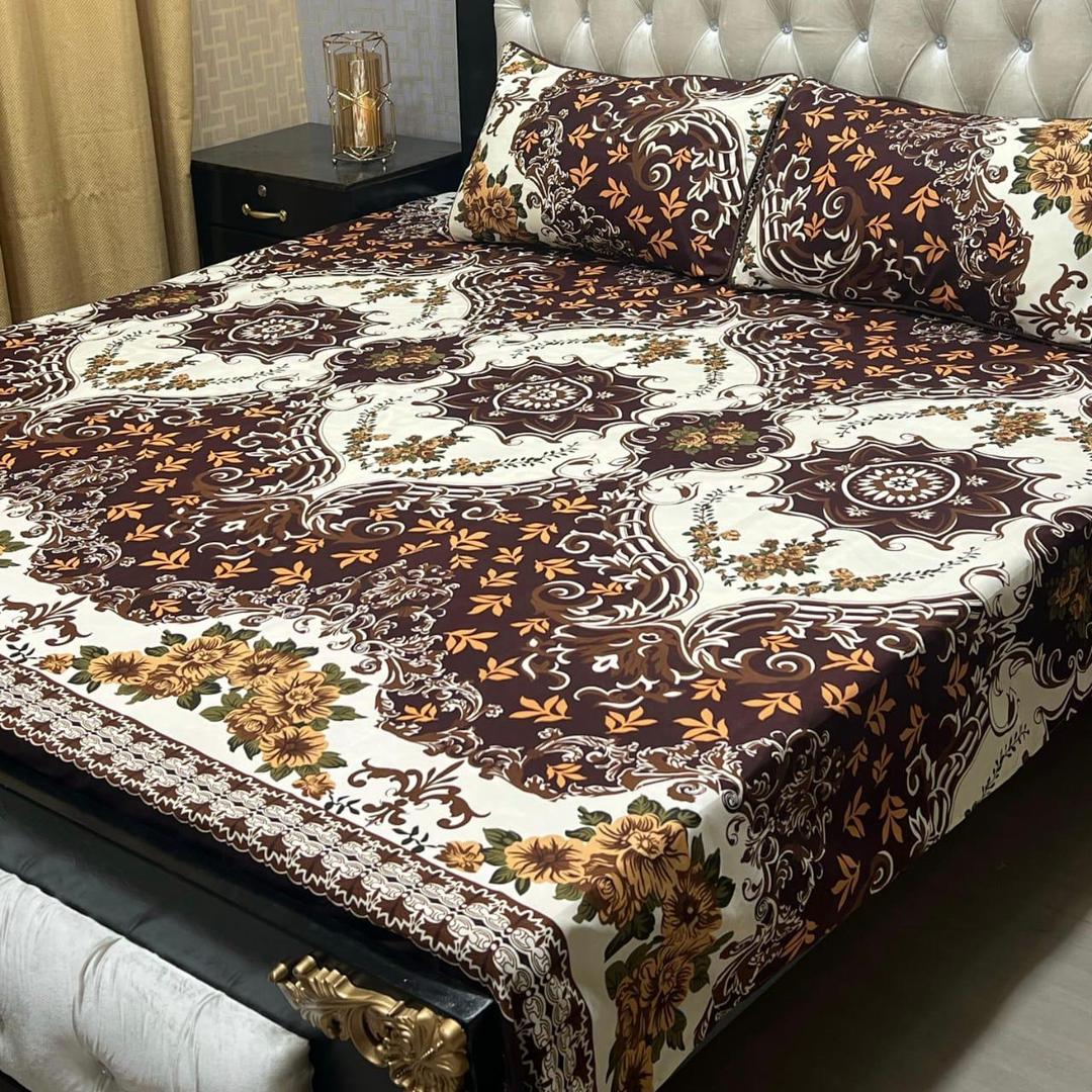 Stylish Printed Double Bedsheet Set - 3 Pcs in Brown Crystal Cotton