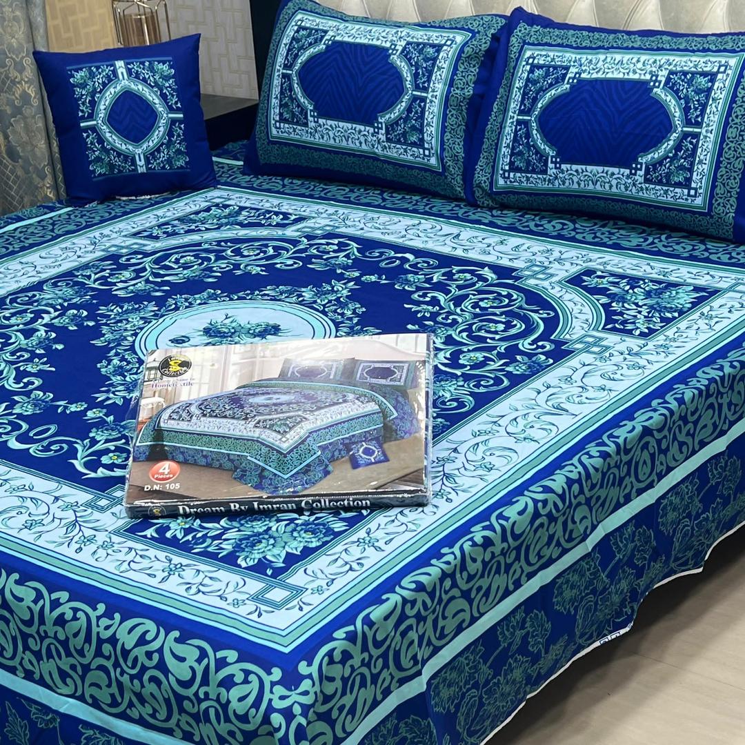 Luxurious Blue Printed Double Bedsheet Set - 4 Pcs Crystal Cotton