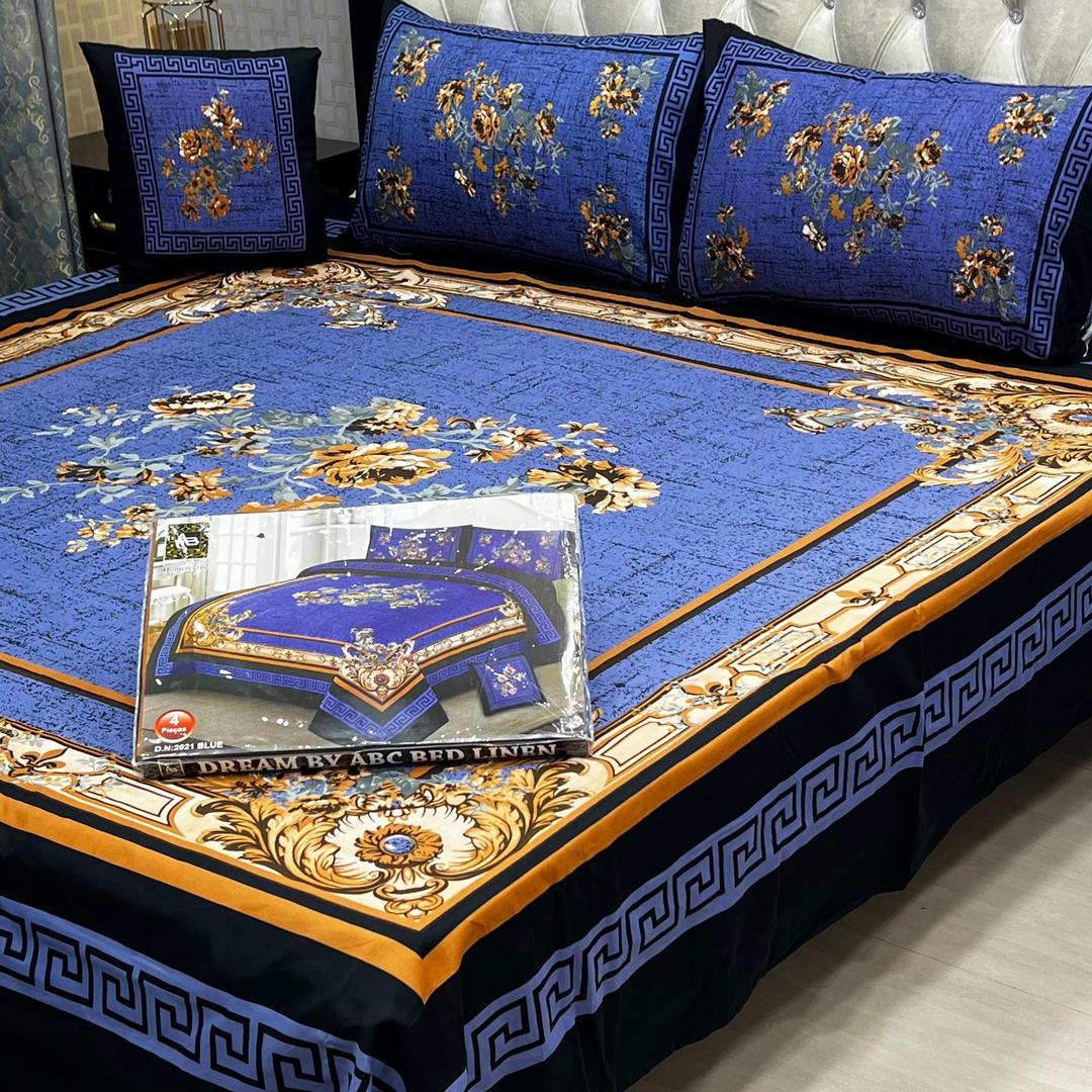 Luxurious Double Bedsheet Set - 4 Pcs Printed Crystal Cotton in Blue and Brown