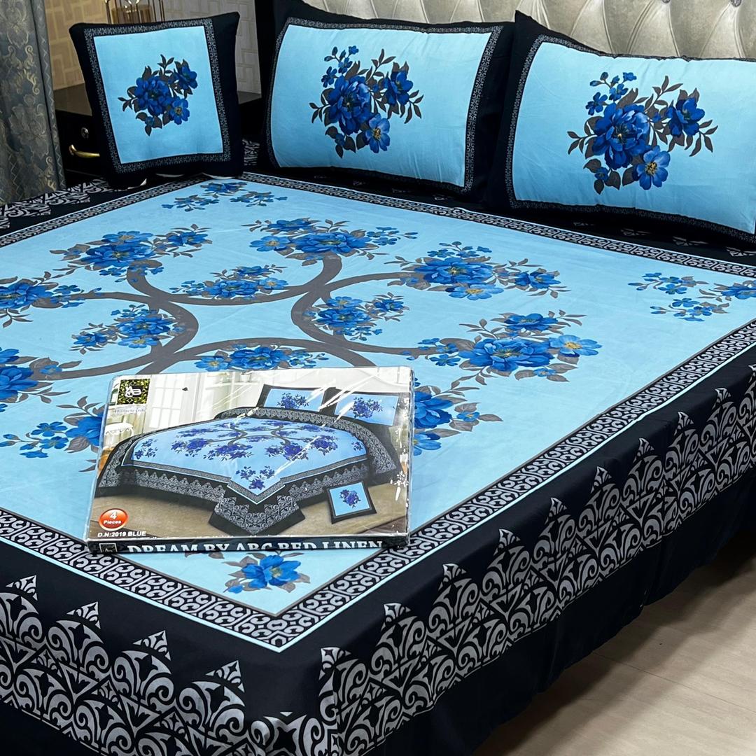 Luxurious Printed Crystal Cotton Double Bedsheet Set - 4 Pcs in Blue