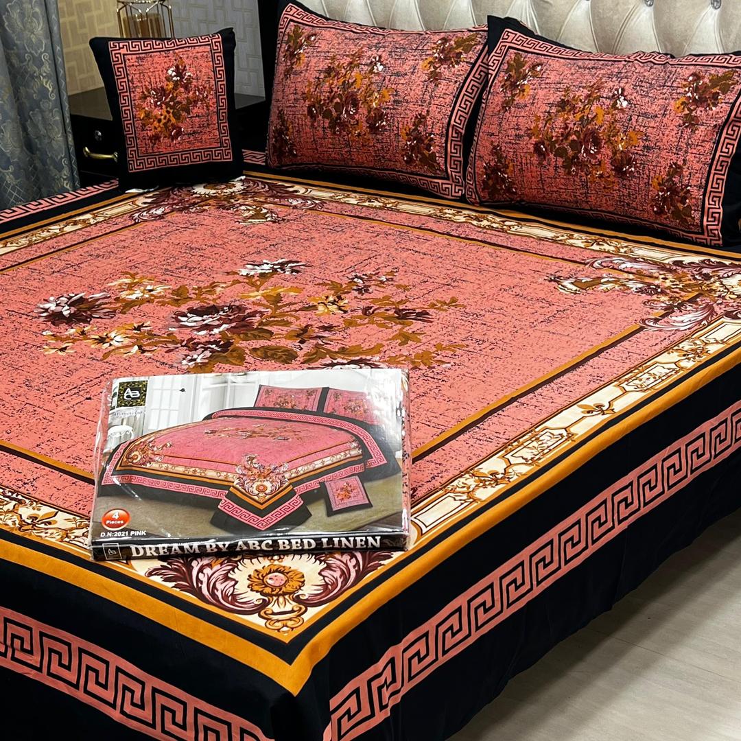 Luxurious Peach Printed Double Bedsheet Set - 4 Pcs of Crystal Cotton Comfort