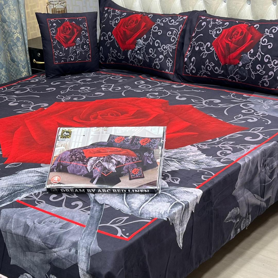 Stylish 4 Pcs Double Bedsheet Set - Printed Crystal Cotton in Black