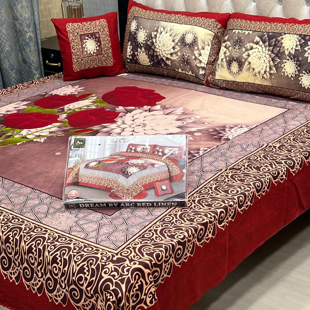 Luxurious Red Crystal Cotton Double Bedsheet Set - 4 Pcs Ensemble