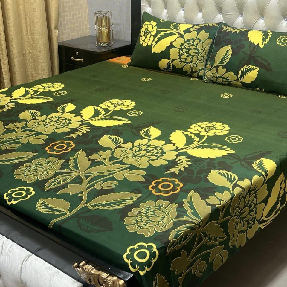 Luxurious Crystal Cotton Double Bedsheet Set - 3 Pcs Printed Green