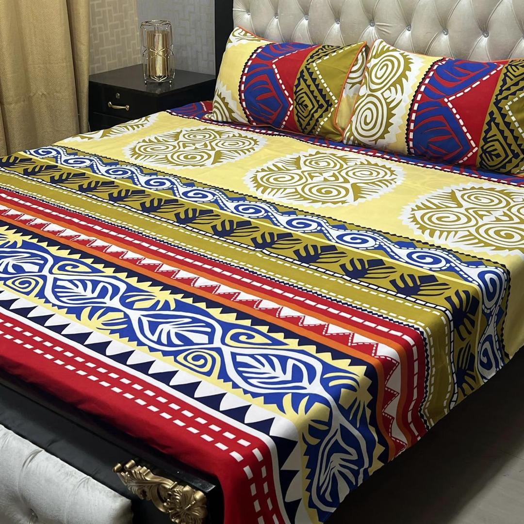 Luxurious Crystal Cotton Double Bedsheet Set - 3 Pcs - Printed Multicolor