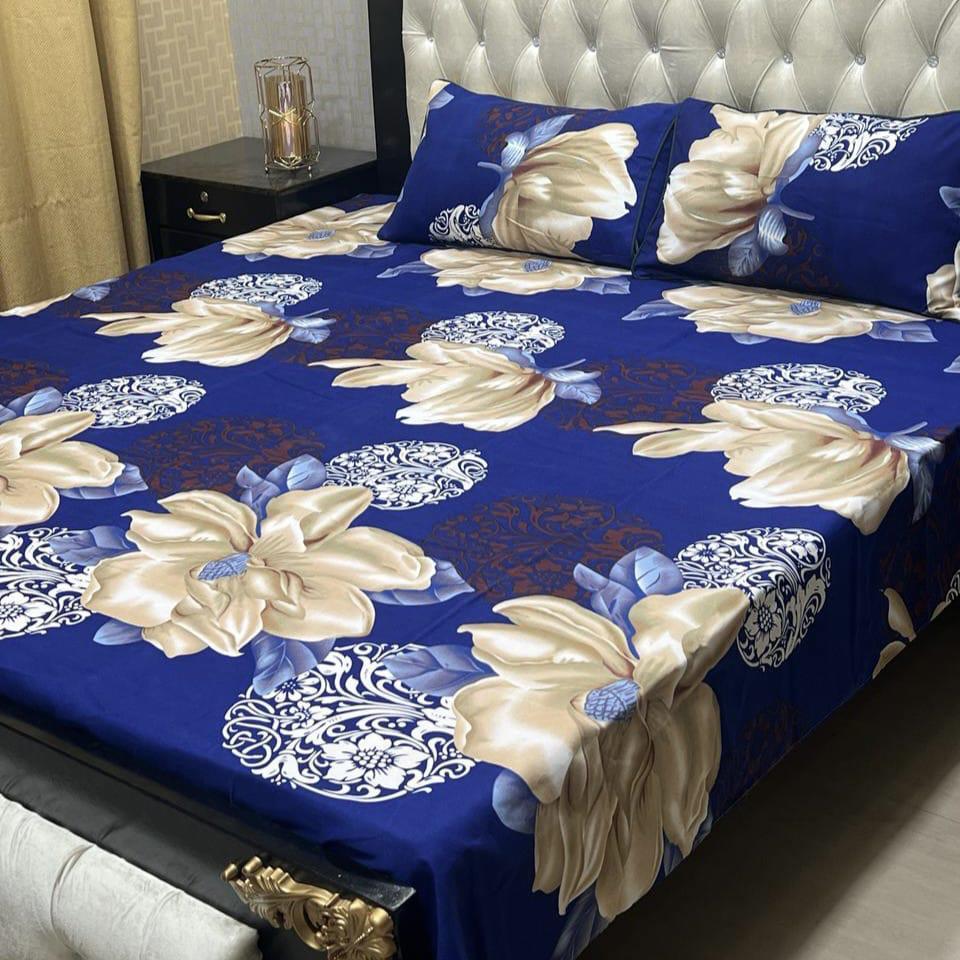 Double Bedsheet Set - 3 Pcs Crystal Cotton Printed in Blue
