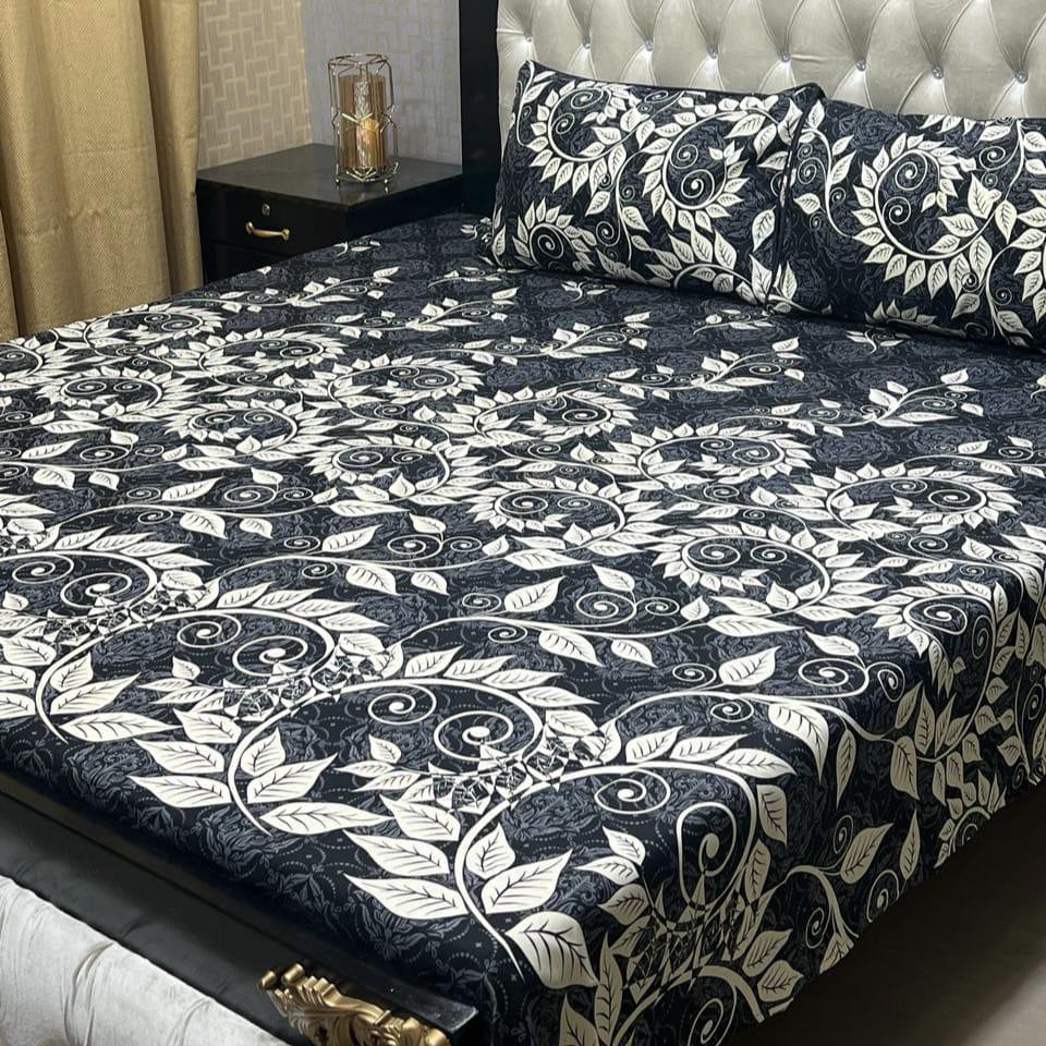 Luxurious Printed Double Bedsheet Set - 3 Pcs in Black Crystal Cotton