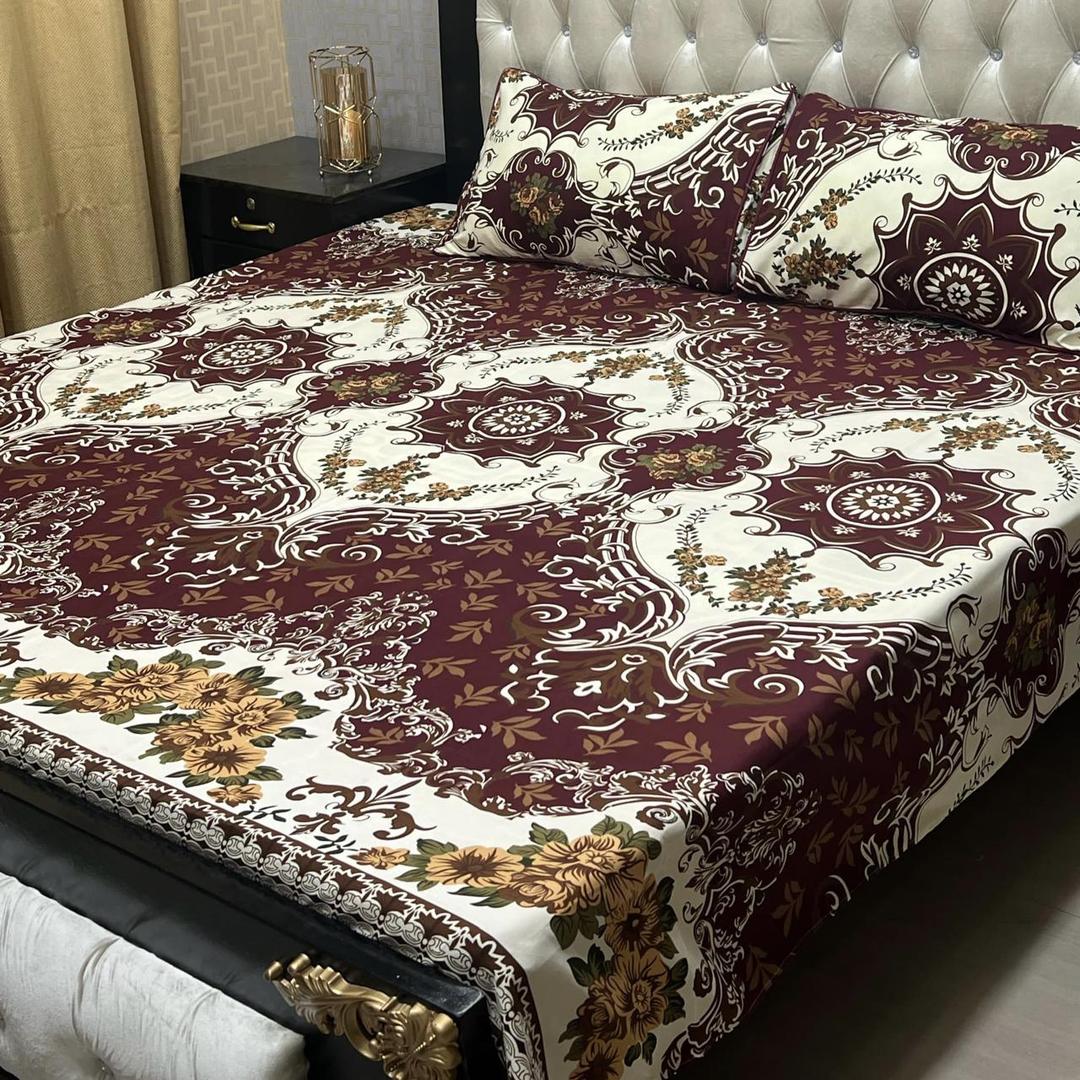 Luxury 3 Pcs Double Bedsheet Set in Crystal Cotton - Printed Maroon Design