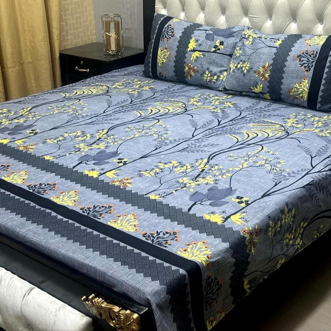 Stylish Printed Double Bedsheet Set - 3 Pcs in Grey Crystal Cotton