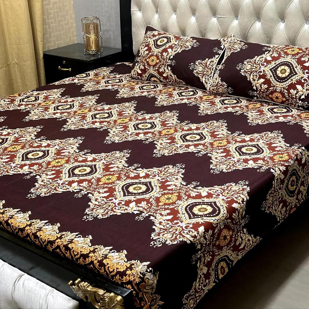 Luxurious Crystal Cotton Printed Double Bedsheet Set - 3 Pcs