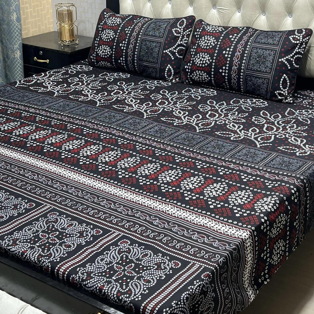 Stylish Printed Double Bedsheet Set - 3 Pcs in Grey Crystal Cotton