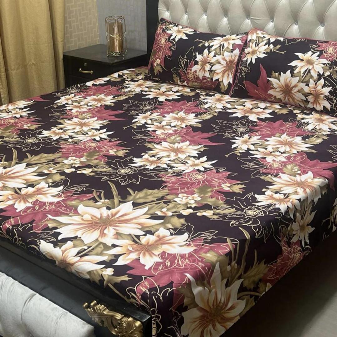 Luxurious Multicolor Printed Double Bedsheet Set - 3 Pcs, Crafted from Crystal Cotton