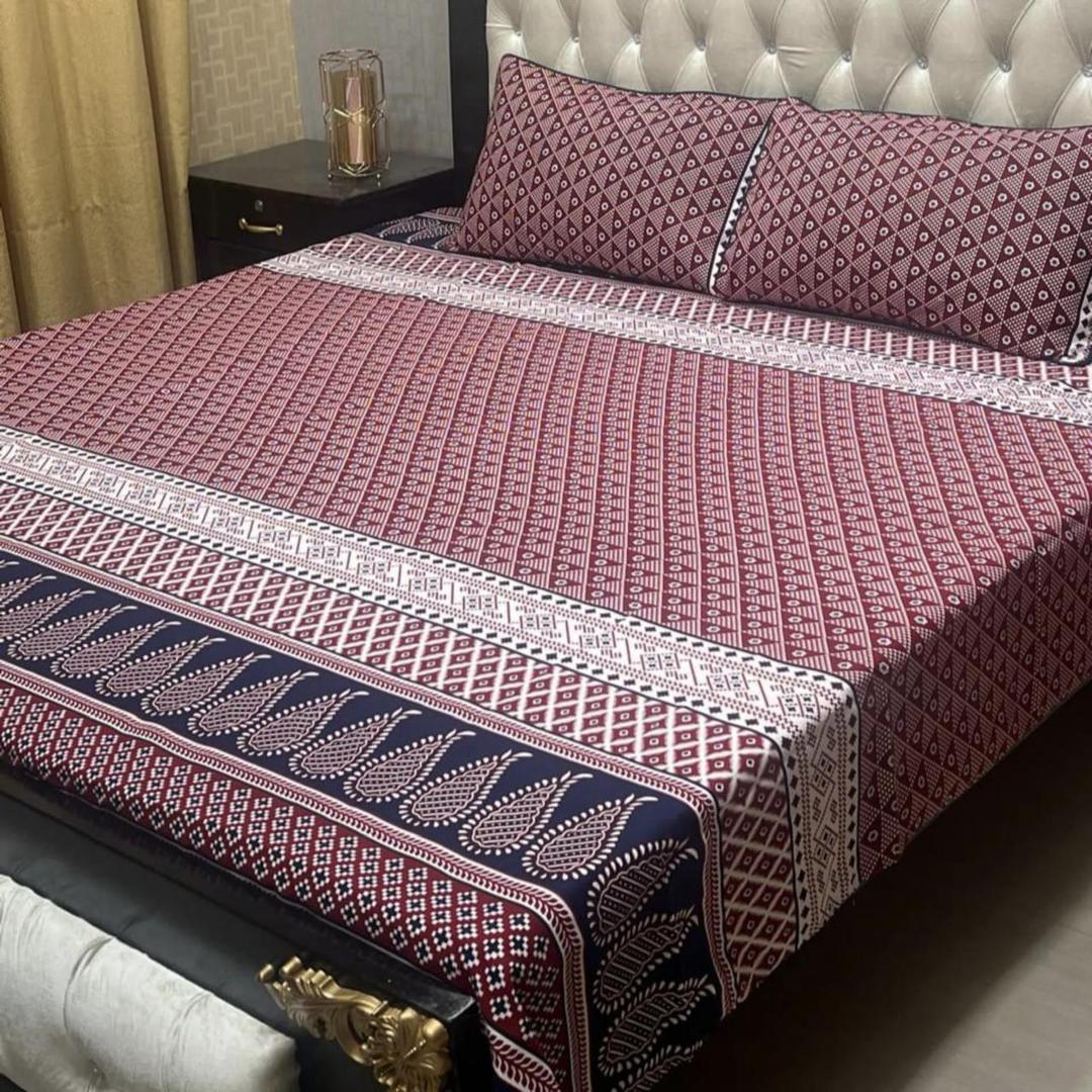 Luxurious 3 Pcs Double Bedsheet Set - Printed Crystal Cotton in Maroon