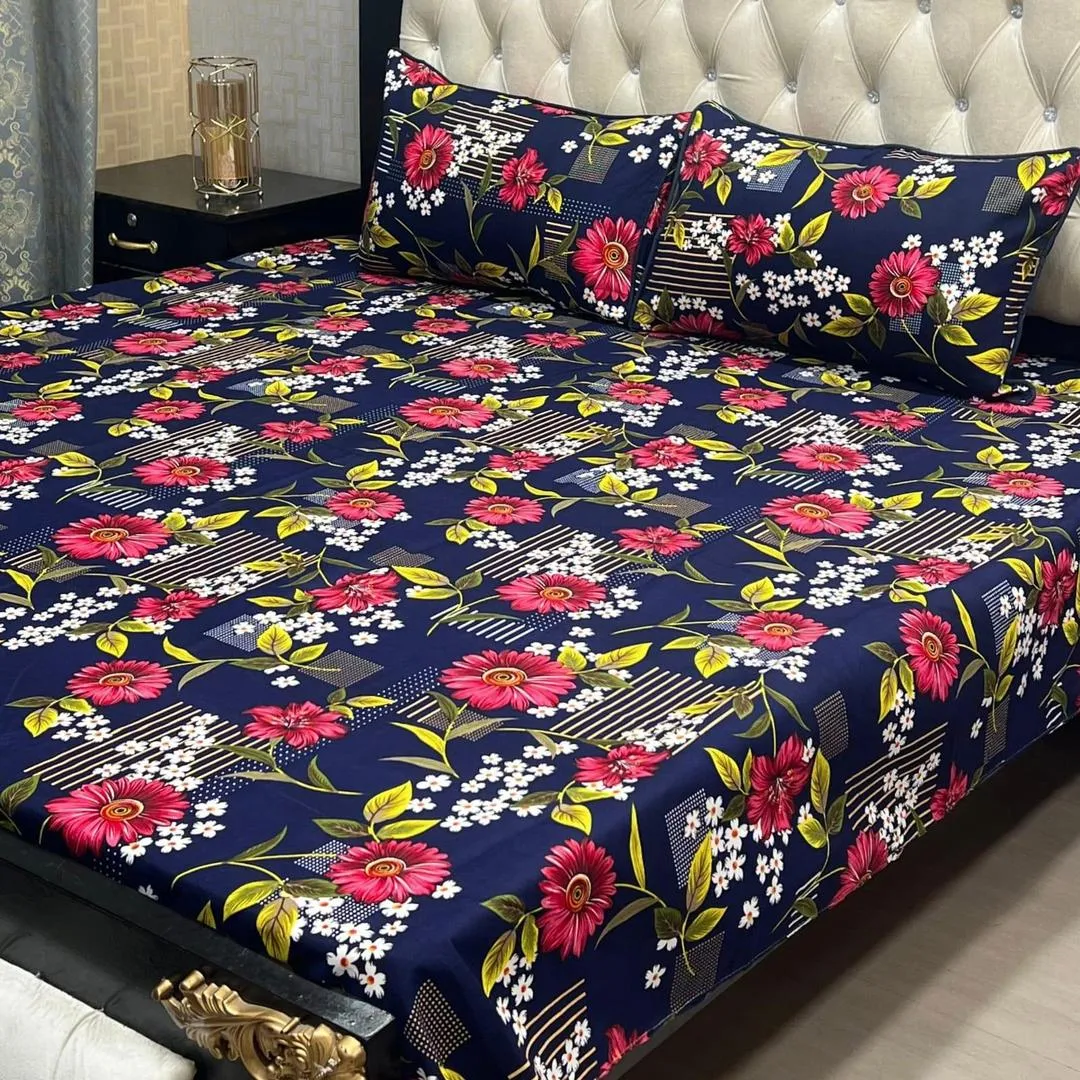 3 Pcs Crystal Cotton Printed Double Bedsheet