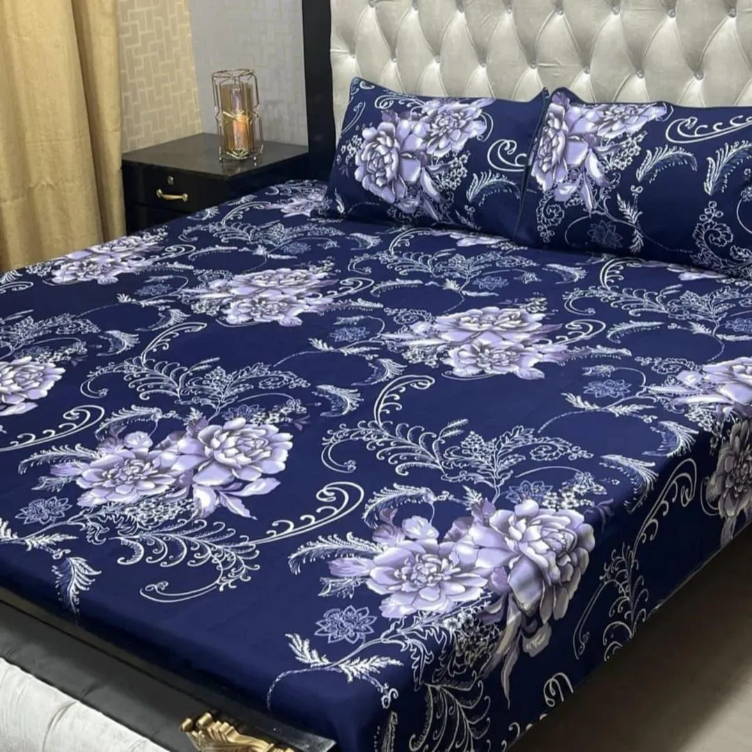 3 Pcs Crystal Cotton Printed Double Bedsheet