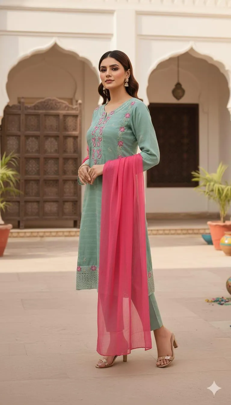 Elegant Green Linen Stitched Suit - 3 Pcs Ensemble with Embroidered Shirt, Plain Trouser & Chiffon Dupatta