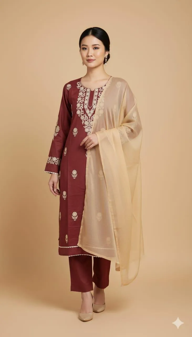 Embroidered Linen Women's Suit - 3 Pcs in Maroon