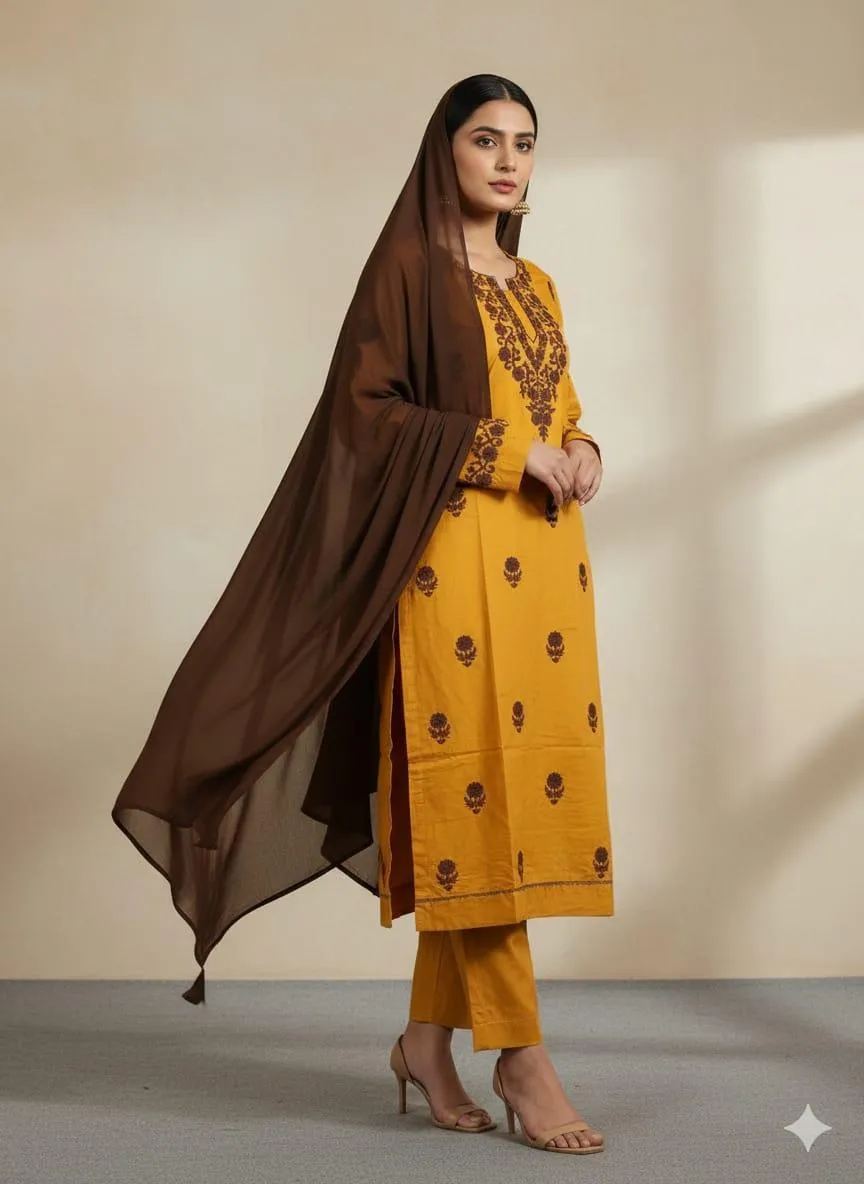 Embroidered Linen Suit Set - 3 Pcs in Orange