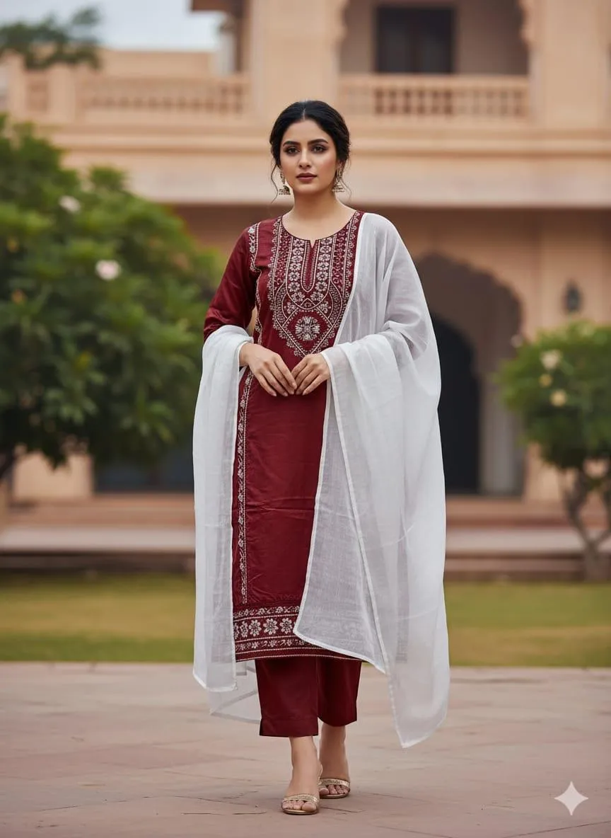 Elegant Maroon Embroidered Linen Suit - 3 Pcs Set for Women