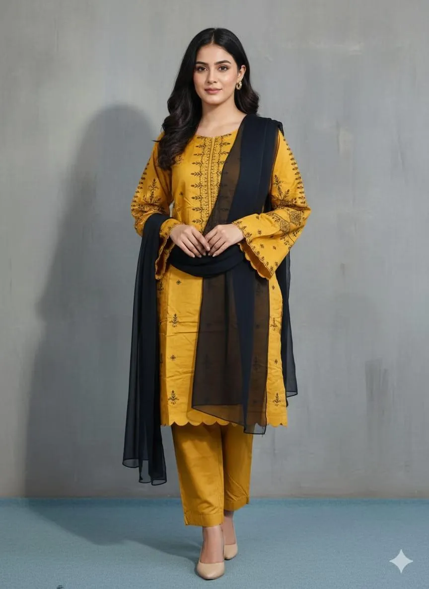 Mustard Linen Embroidered Suit Set - 3 Pcs with Chiffon Dupatta