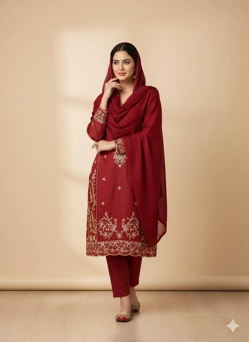 Chic Embroidered Linen Suit Set - 3 Pcs in Maroon