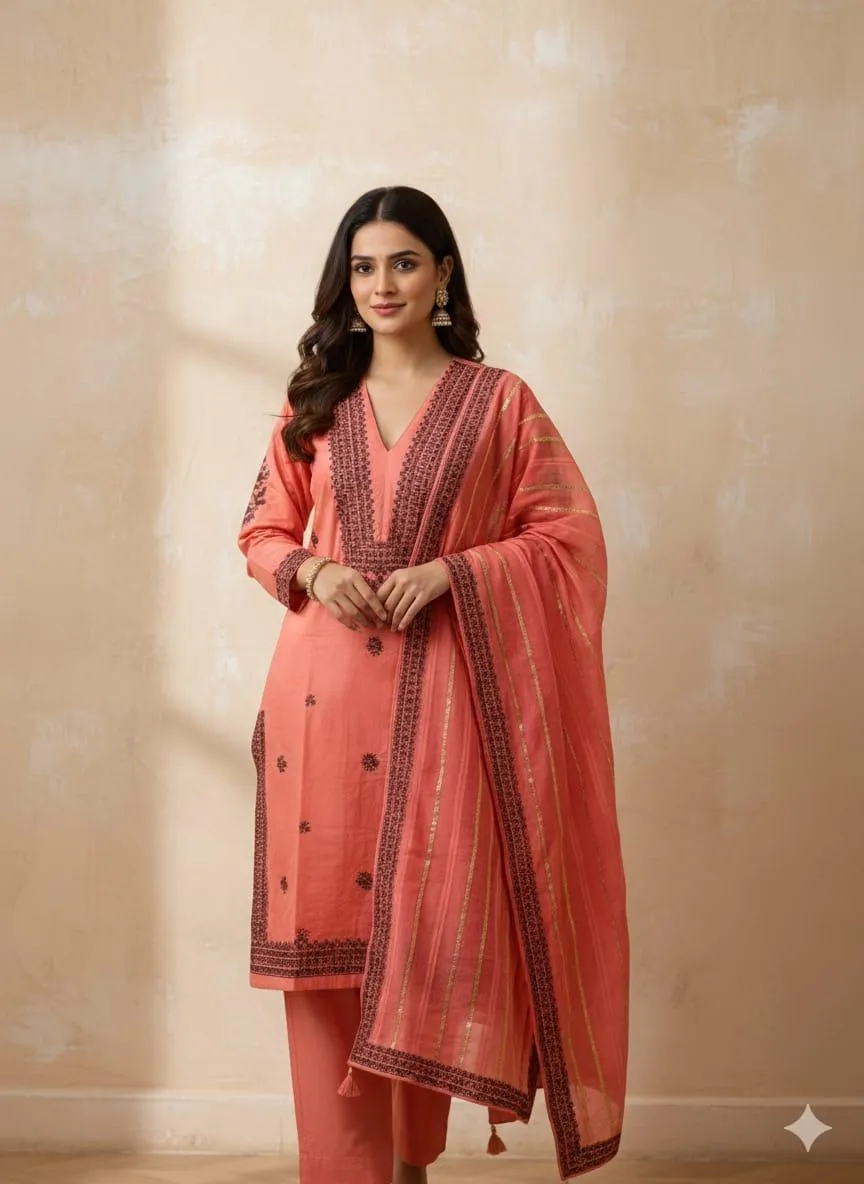 Charming Peach Linen Embroidered 3 Pcs Women's Stitched Suit with V-Neck and Printed Dupatta