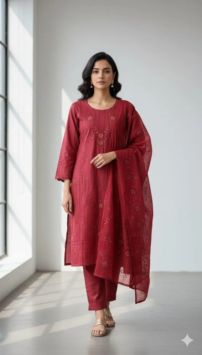 Chic V-Neck Embroidered 3 Pcs Women's Stitched Suit in Red Linen