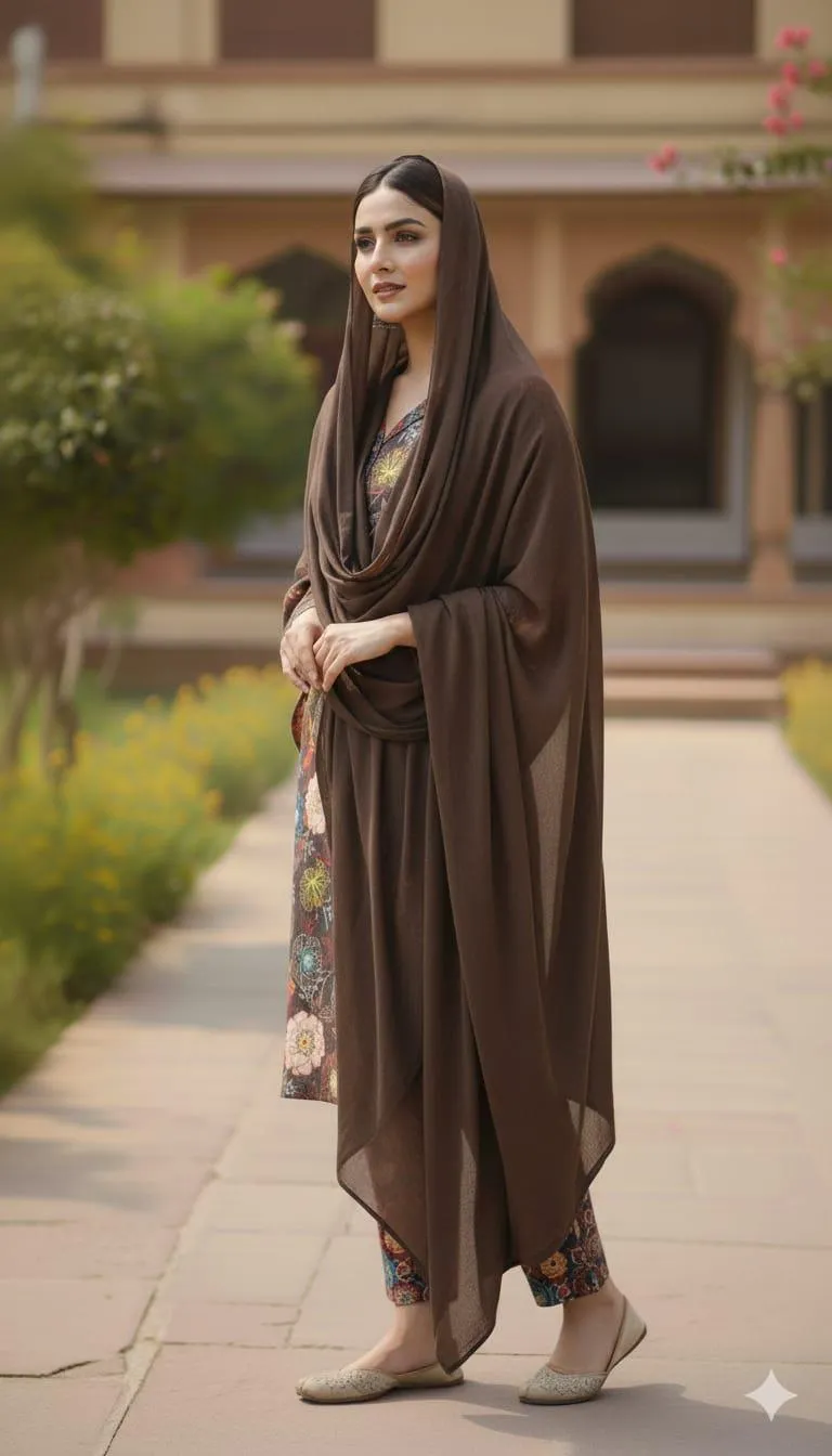 Stunning Printed Khaddar Suit Set - 3 Pcs in Brown