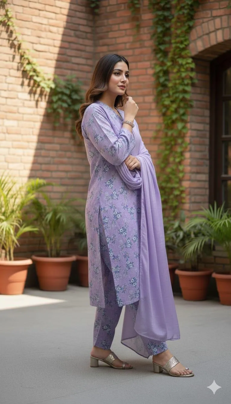 Stylish Women's Printed Khaddar Suit with Dupatta - 3 Pcs