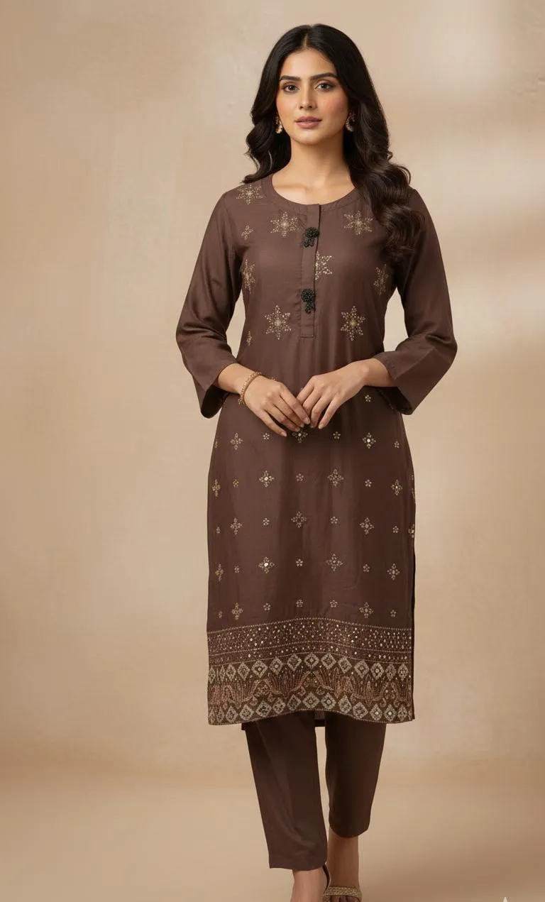 Elegant Women's Stitched Suit – 3 Pcs Wool Embroidered Outfit in Brown