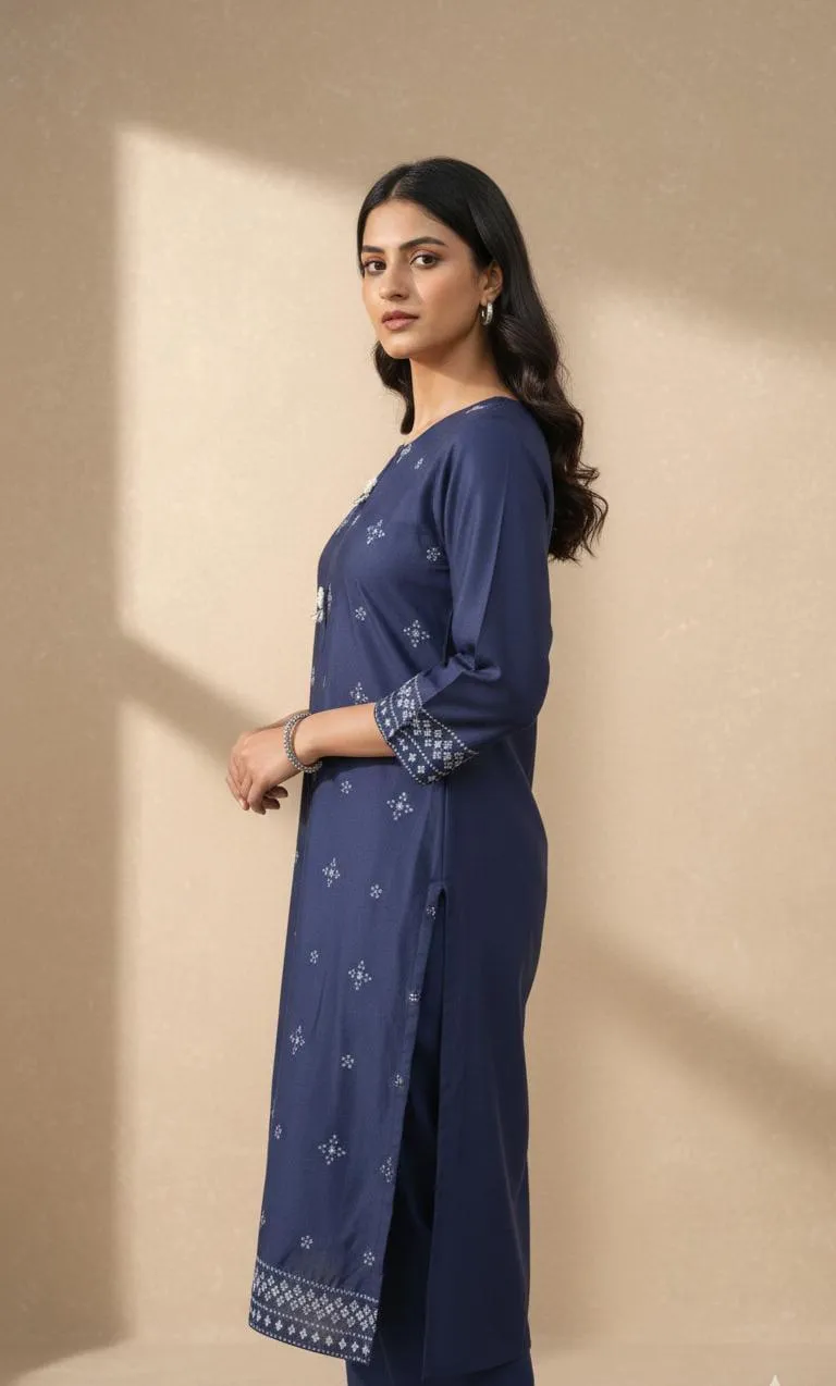 Women's Stitched Wool Embroidered Suit - 3 Pcs Set in Blue