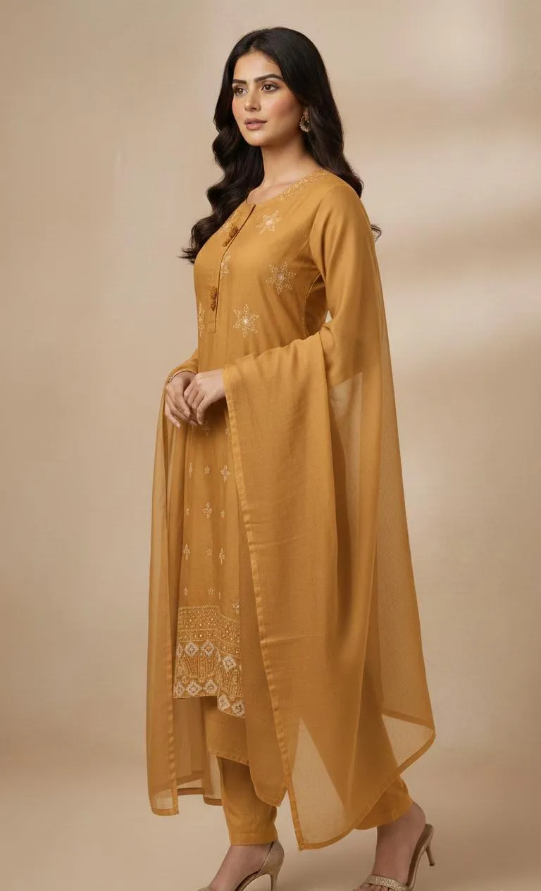 Elegant Mustard Three-Piece Women's Stitched Suit in Wool with Embroidered Design
