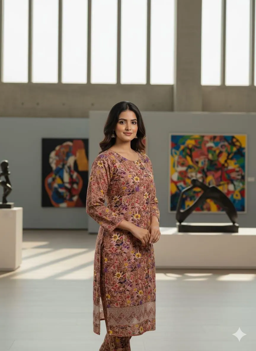 Stylish Printed Women's Shirt And Trouser Set - 2 Pcs in Peach Crystal Wool