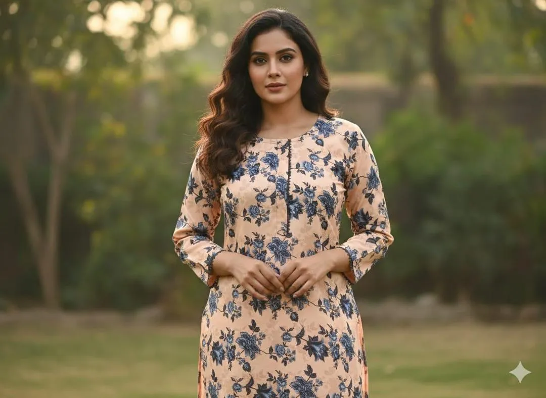 Stylish Printed Round Neck Shirt And Trouser Set - 2 Pcs in Crystal Wool