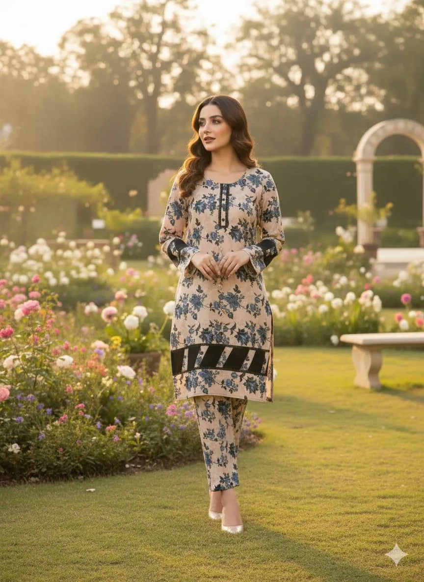 Stylish Women's Stitched Printed Shirt and Trouser Set - 2 Pcs in Crystal Wool and Cotton