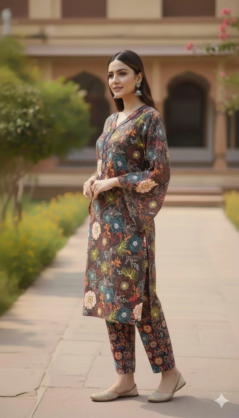 Chic Women's Stitched Printed Shirt and Trouser Set - 2 Pcs in Brown with Crystal Wool Fabric