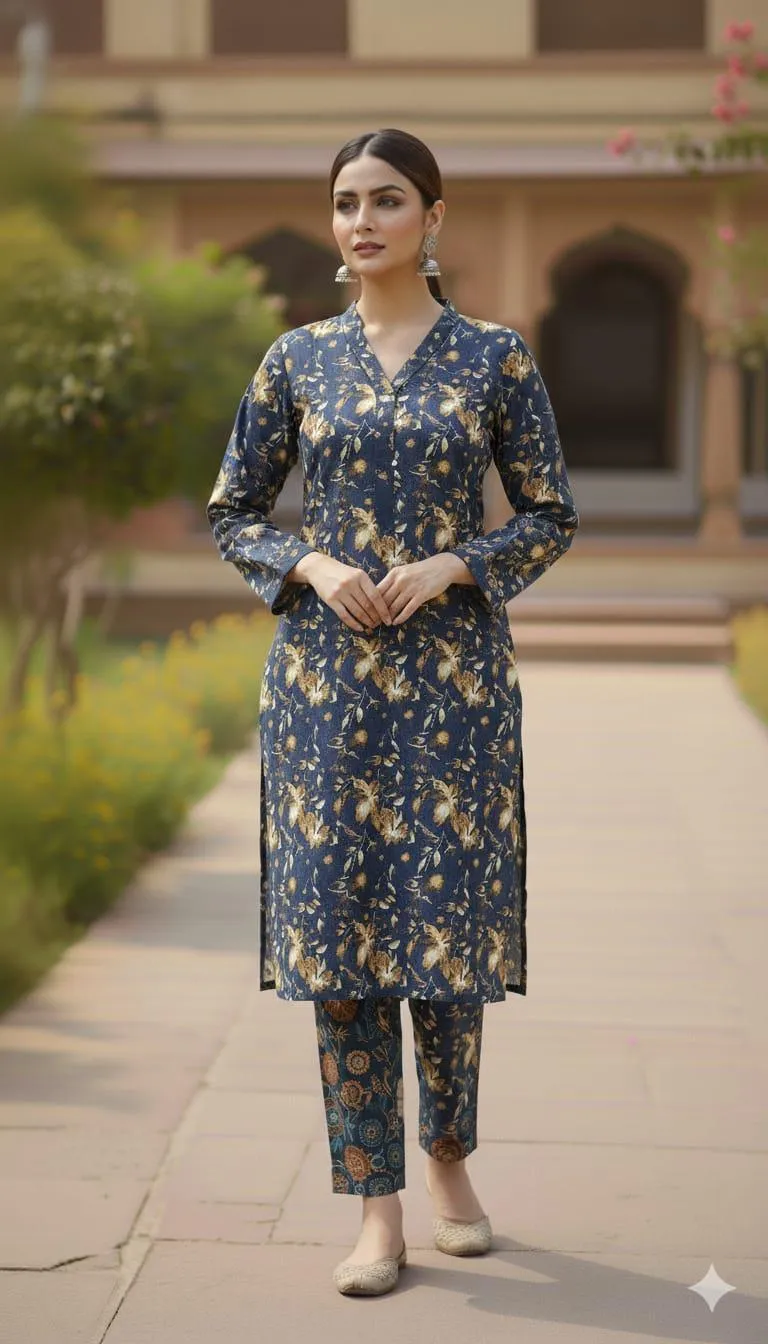 Stylish Women's Stitched Printed Shirt And Trouser Set - 2 Pcs in Blue, Crafted from Crystal Wool