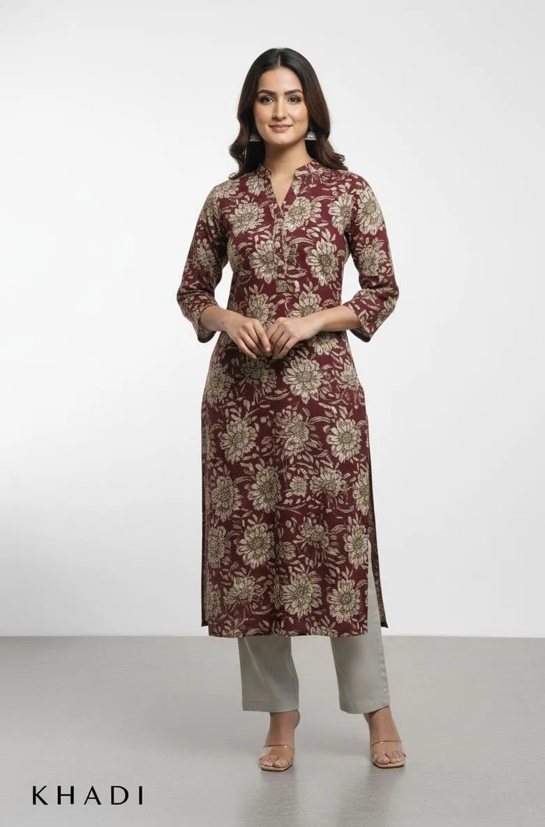 Stylish Maroon Printed Khaddar Shirt and Trouser Set - 2 Pcs