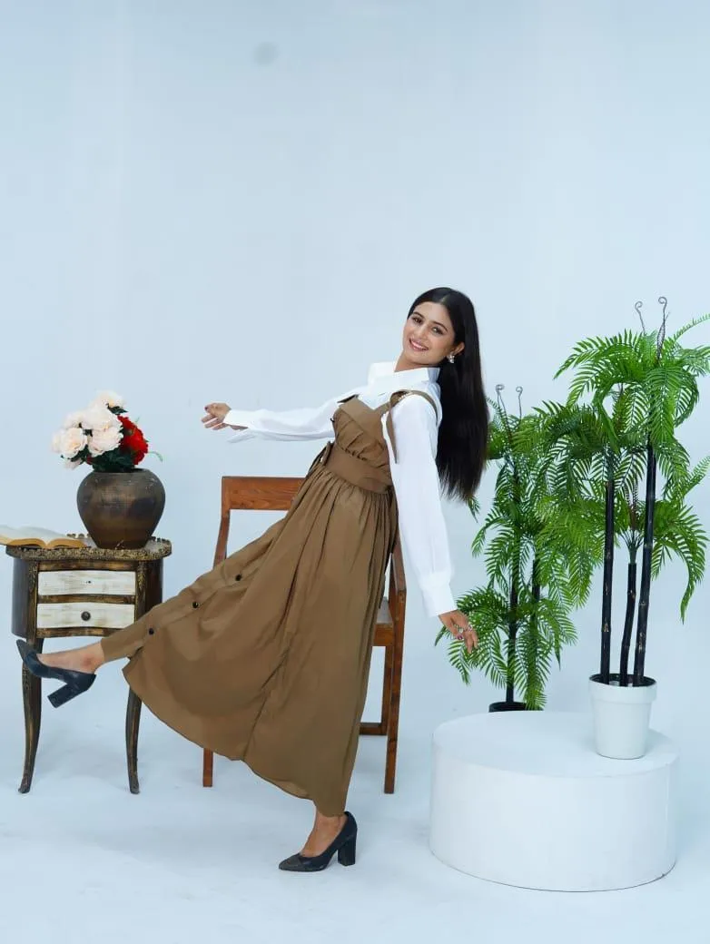 Stylish Women's Linen Dress & Blouse Set - 2 Pcs, Plain Brown