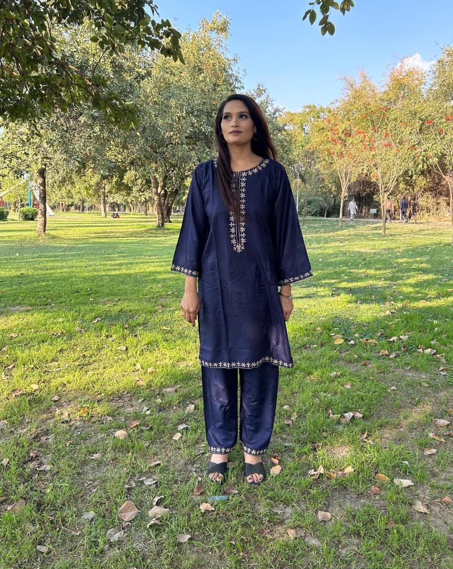 2 Pcs Women's Stitched Embroidered Shirt And Trouser