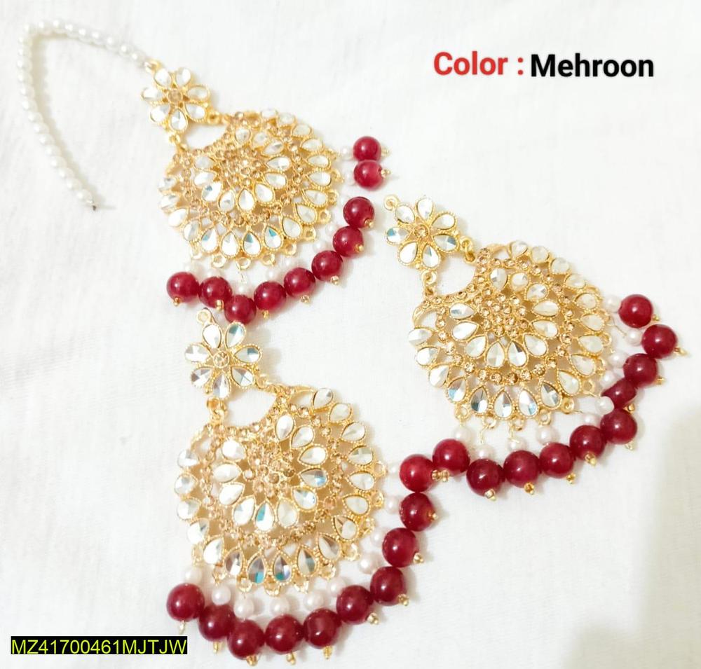 Mehroon Kundan Earrings With Bindiya Set