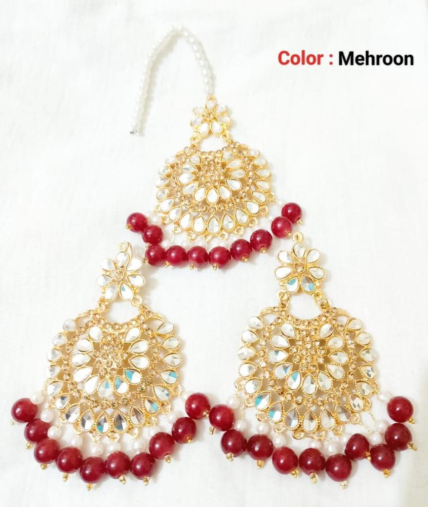 Mehroon Kundan Earrings With Bindiya Set